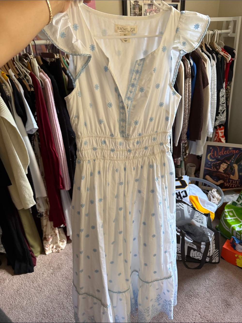 Rachel Zoe White Maxi Dress with Light Blue Floral Embroidery